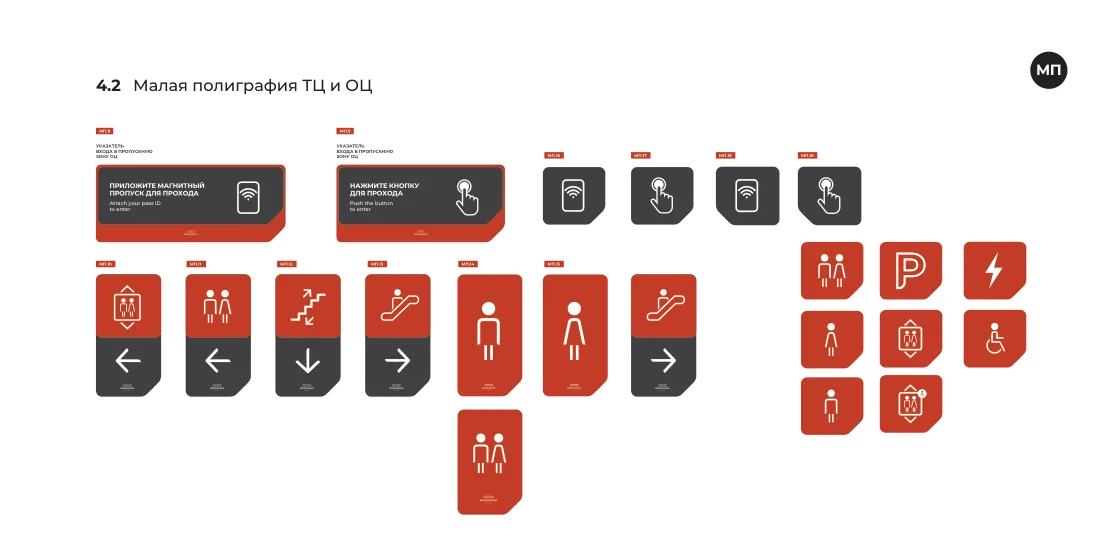 Service plates: two wide bilingual access-control signs, then a row of two-part plates with a red pictogram half above and a dark arrow half below — lift, toilets, stairs, escalator — and toilet plates that are red the whole way down.